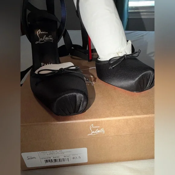 Christian Louboutin Cassis Lace-Up Black Satin Pumps - Picture 6 of 9